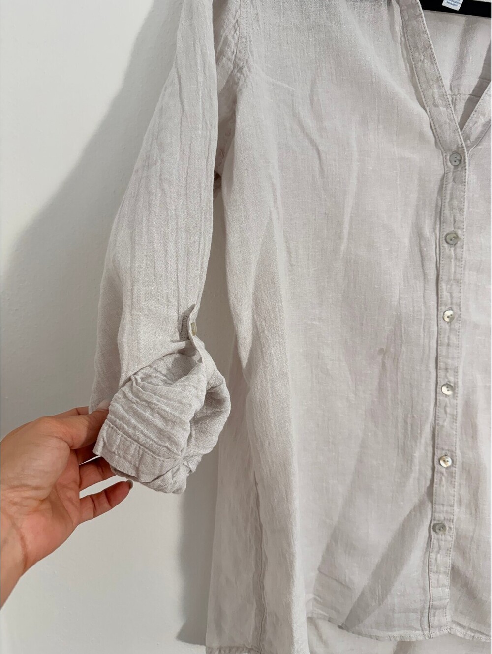 Sigrid Olsen 100% Linen Button Front Shirt Women's M Beige Roll Tab Long Sleeve - Picture 3 of 7